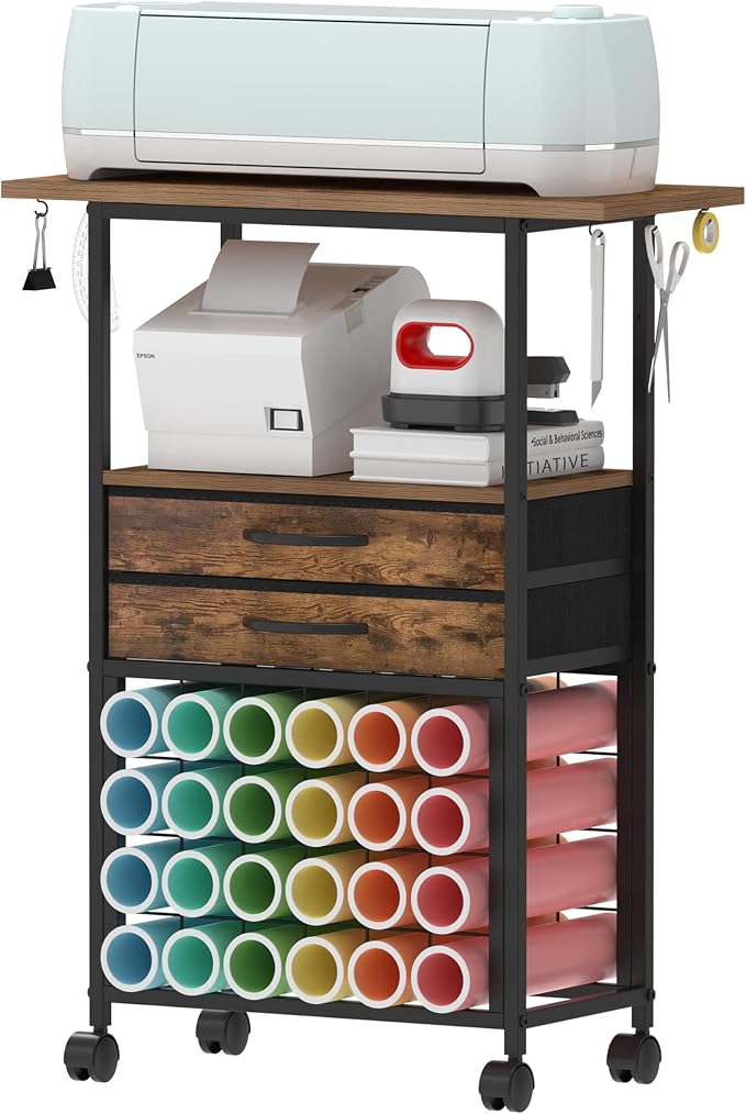 VENNQD Organizer and Storage Stand Compatible with Cricut Machines,Rolling Storage Cart/Shelf with 24 Vinyl Roll Holders，2 Fabric Drawer,Accessories Holder,Tool Hook for Craft Room Home (Rustic Brown)