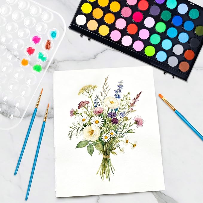 48 Color Solid Watercolor Paint Set with 3 Wooden Brushes for Adults Kids | Washable Watercolor Kit, Safe and Non-Toxic, Detachable Palette, Portable, Ideal Gift for Beginners, Children, Students