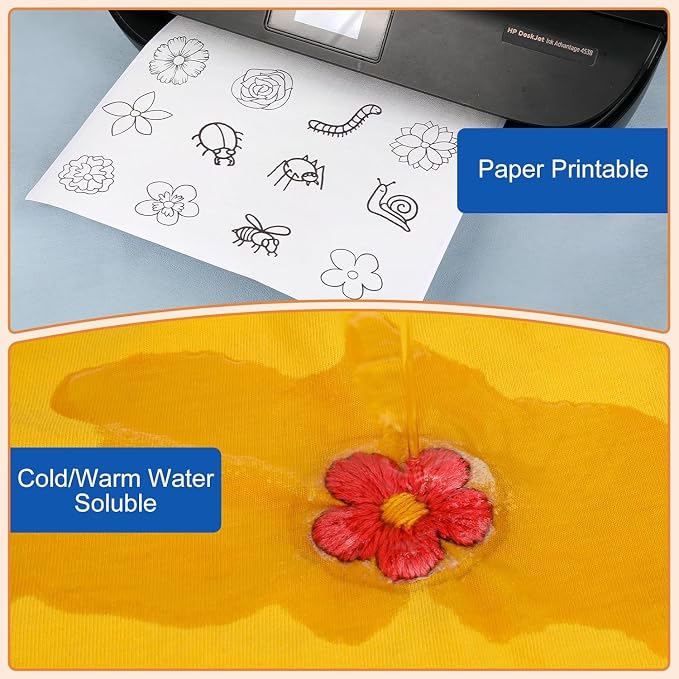 FURWEY Wash Away Embroidery Stabilizer,36PCS 8.5x11,Self Adhesive,Printable | Water Soluble Embroidery Paper, Self Adhesive & Printable, for Hand & Machine Use, 8.5 x 11 Inches, 36 Sheets