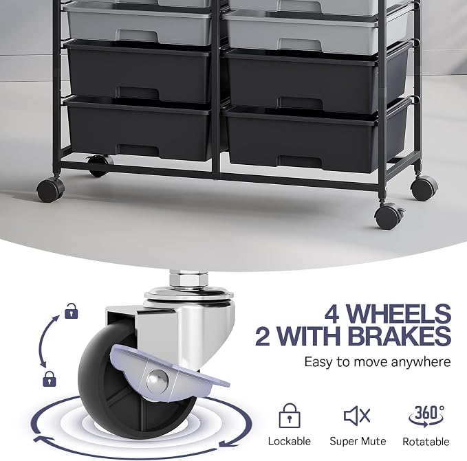 TOOLF 12 Drawers Rolling Storage Cart with Wooden Top for Classroom,Grey | Teacher Cart Craft Art Supply Organizer, Utility Cart with Lockable Wheels for Home Household Essentials, Office Organization