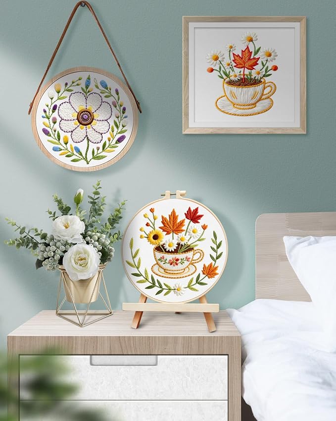 TINDTOP Embroidery Kit for Adult, 3 Pack Embroidery DIY Starter Kit, with Stamped Patterns, Hoop, Tools, Colorful Threads with Needles, Instructions (Flower Cup) | with Stamped Patterns, Hoop, Tools, Colorful Threads with Needles, Instructions (Flower ...
