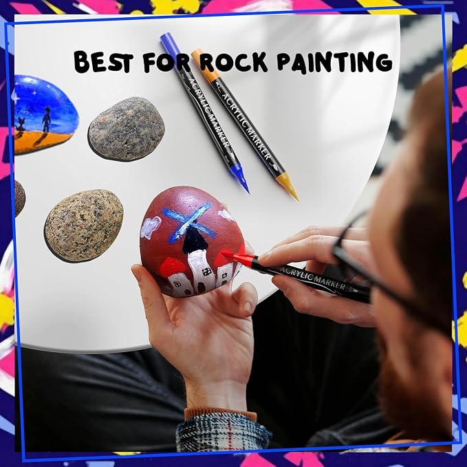 60 Colors Dual Tip Acrylic Paint Markers,Fine Tip and Brush Tip Permanent Acrylic Paint Pens For Rock Painting, Canvas, Wood, Glass, Ceramic, Fabric, Plastic, Egg, Scrapbook,Art Painting Supplies Kit