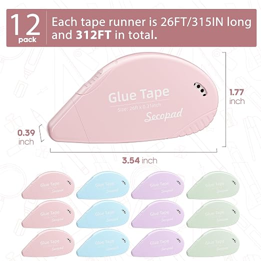 Secopad Scrapbook Tape, 12 Pack Glue Tape, Opaque Light-Colored Shell | 0.3IN x 26FT, Sticky & Safe, Double Sided Tape for Crafts, Scrapbooking Junk Journaling Supplies, For School Office Teachers