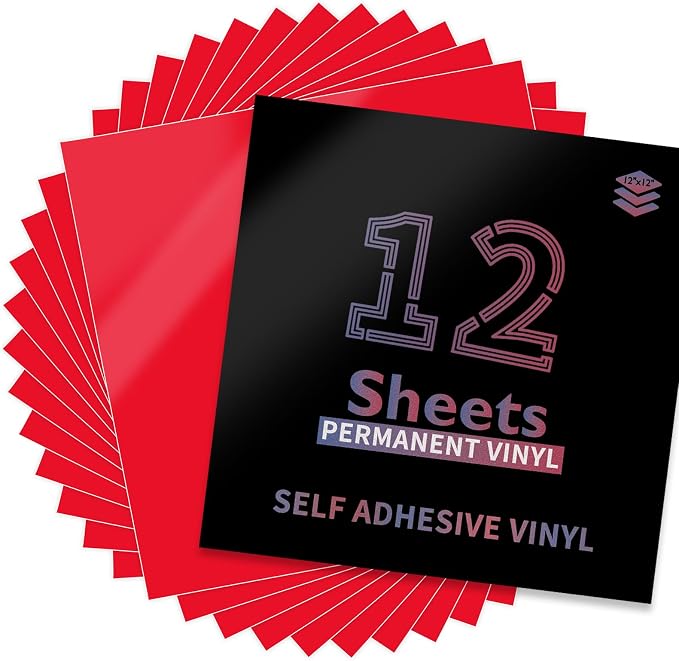 Lya Vinyl 12 Pack Glossy Red Permanent Vinyl, 12"x12" Self Adhesive Vinyl Sheets for Decor Sticker, Party Decoration, Craft Projects