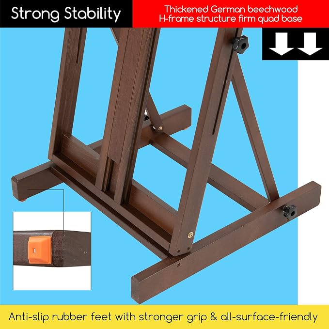 MEEDEN Heavy Duty H-Frame Studio Easel Stand, Large Adjustable Solid Beech Wood Artist Easel for Painting, Holds Canvases up to 78" with Storage Tray- Walnut