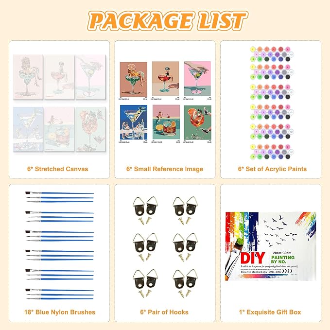 KEYIFA 6 Pack Paint by Numbers Kit, Stretched Canvas Boards for Painting for Adults, No Crease Acrylic Oil Painting for Students Beginners Favor Sip & Paint Party Supplies, 70s Retro Cocktail (8x12)