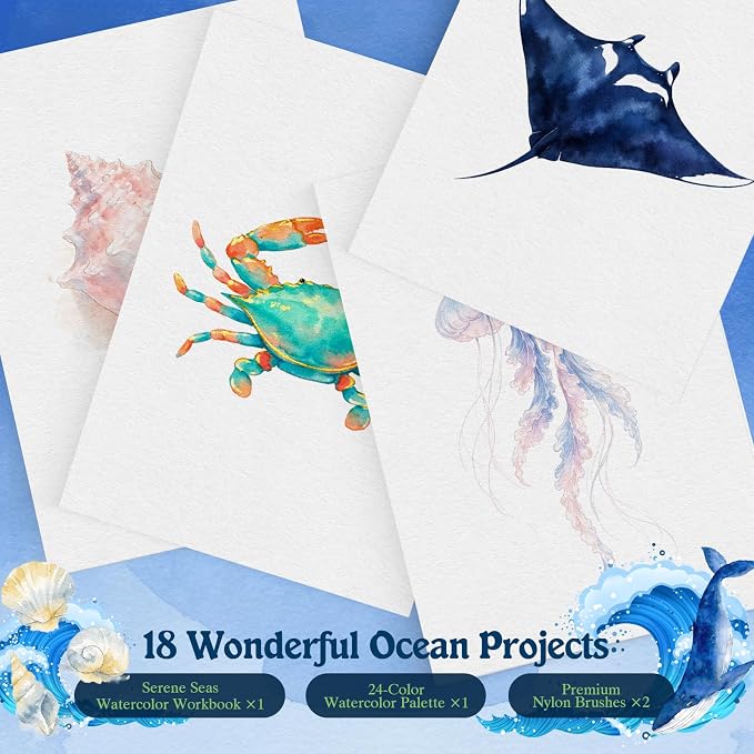 Watercolor Workbook for Beginners,18 Serene Seas Sceneries Water Coloring Book,Relaxing & Easy to Paint Water Coloring Book with 24 Colors-Perfect for Gifting to Creativity & Joy for Adults