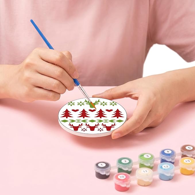 8 Pack Christmas Paint by Numbers Kits Coasters with Holder Cork Pads | Xmas Paint by Number Kits for Adults Simple Round Oil Painting Coaster for Small DIY Craft Holiday Birthday Gift 3.9x3.9in