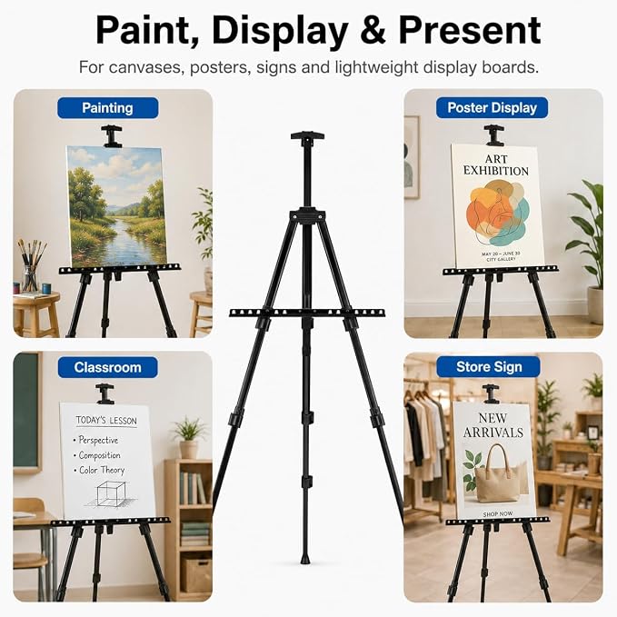 RRFTOK Art Easel Stand, 17-66 in Adjustable Metal Tripod with Bag | Dual-layer supports canvas or signs at two heights; adjusts up to 72 in with spring clip and reinforced chain for stability.