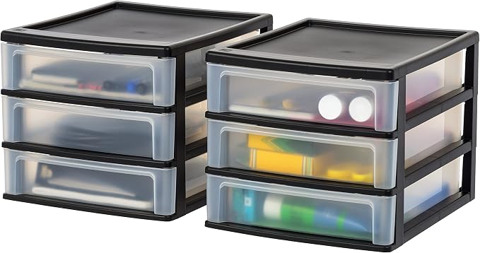 IRIS USA 2-Pack, 3-Drawer Medium Plastic Stacking Desktop Organizer, Black