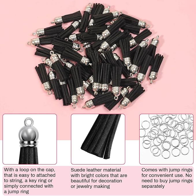 Keychain Tassels Bulk, Paxcoo Small Tassels for Jewelry Making, 50pcs Leather Tassel Keychain Charms with 50pcs Jump Rings for DIY Key Chain Craft, Black