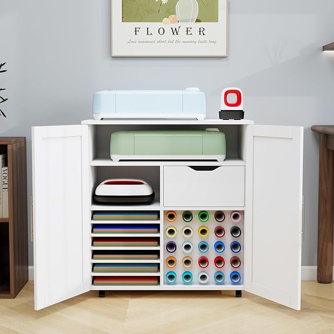 Craft Cart Cabinet Compatible with Cricut for Storage Organization, Rolling Craft Cabinet Table Stand Workstation with Vinyl Roll Holder with Wheels for Craft Room Organizer 31.6"W x 15.8"D x 33.7"H