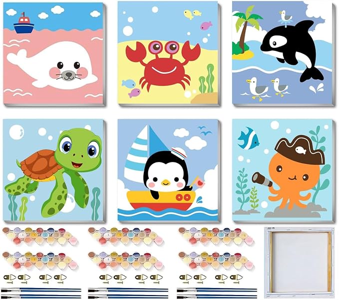 MXCFZX 6 Pack Framed Paint by Numbers Kit for Kids,Cute Sea Animals Painting Kits for Ages 4-6-12,Easy Paint by Number Kids Paint for Beginner,DIY Acrylic Oil Painting Kit for Wall Decor(8X8inch)