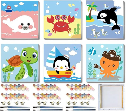 MXCFZX 6 Pack Framed Paint by Numbers Kit for Kids,Cute Sea Animals Painting Kits for Ages 4-6-12,Easy Paint by Number Kids Paint for Beginner,DIY Acrylic Oil Painting Kit for Wall Decor(8X8inch)