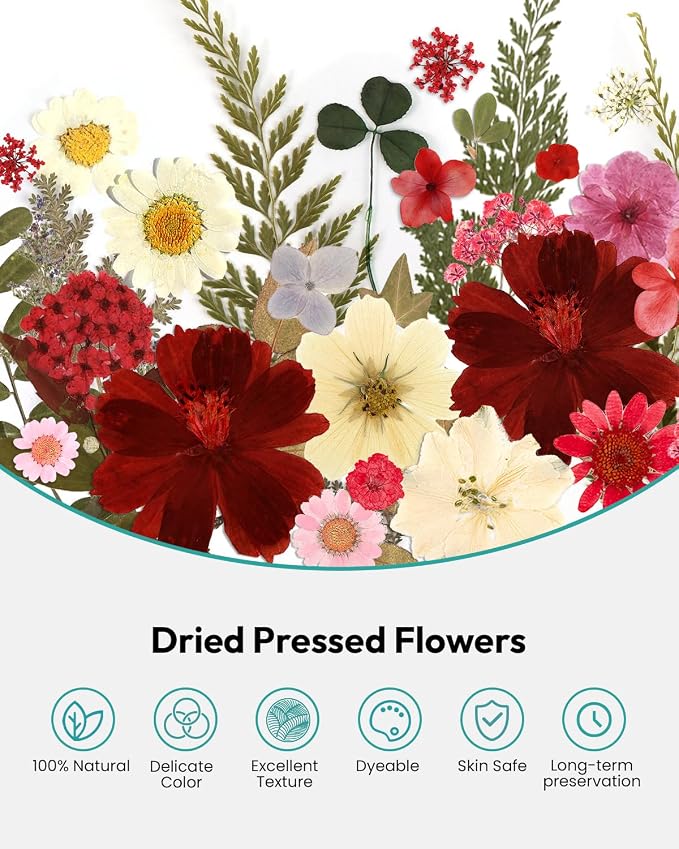 Dried Flowers, Resiners 174Pcs Pressed Flowers for Craft Red Real Natural Dried Flowers Dry Leaves Kit for DIY Making Crafts Resin Soap Candle Scrapbook Supplies Card Making Jewelry