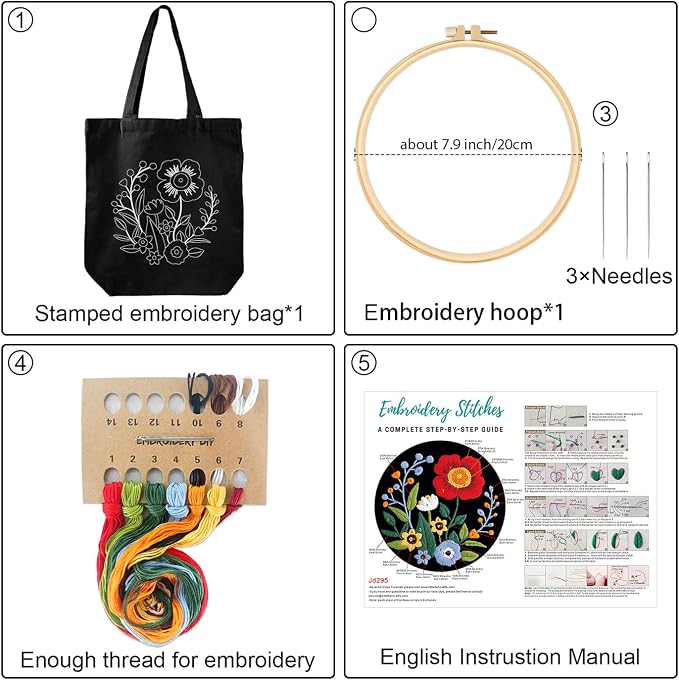 Louise Maelys Embroidery Kit Canvas Tote Bag with Floral Pattern DIY Crafts