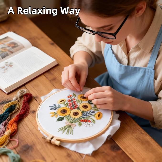 Herdiese Embroidery Kit for Beginners & Adults with Flower Pattern | Stamped Cross Stitch Kit Including Fabric, Hoop, Threads, Needles & Instructions, Complete DIY Hand Sewing Craft Set