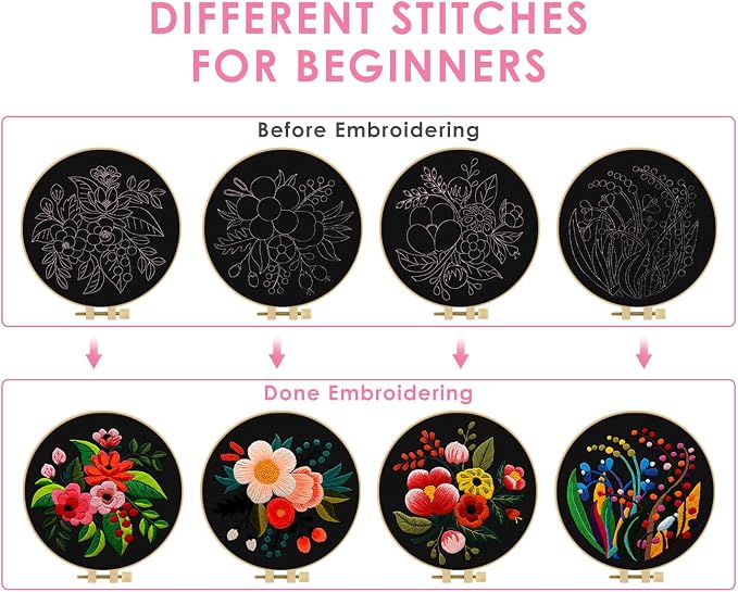 TINDTOP 4 Pack Embroidery Kit for Adult, Embroidery DIY Starter Kit, with Stamped Patterns, Hoop, Tools, Colorful Threads with Needles, Instructions