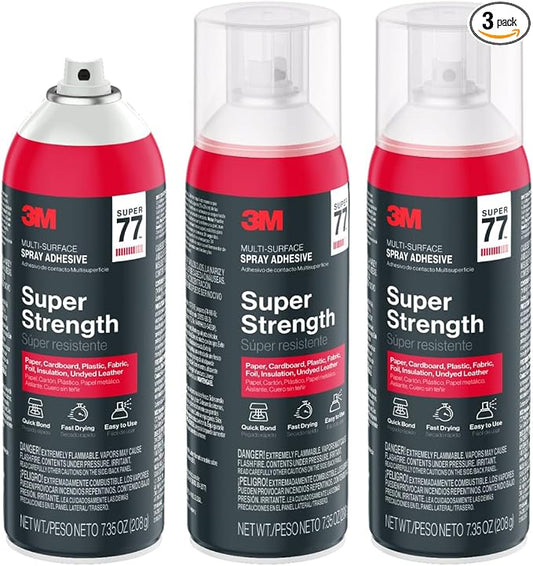 3M Super 77 Multi-Surface Spray Adhesive, 7.35 oz., Low VOC, Quick Bond, Fast Drying, Clear Finish for Foil, Foam, Paper, Metal, Plastic, Fabric, and Cardboard (77-10-NAT), 3-Pack