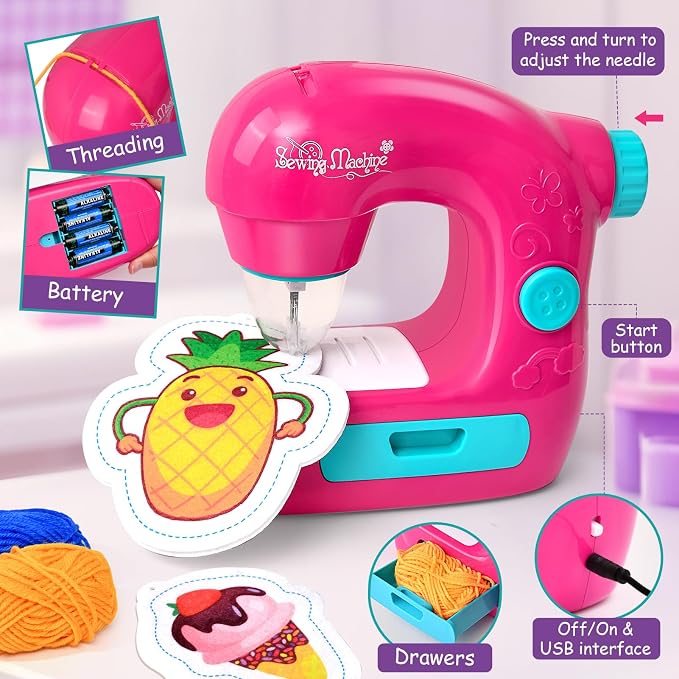 TUZT Mini Sewing Machine Toy Kit for Kids Beginners, 22pcs Portable Electric Sewing Machine with Sewing Kit, Light and Finger Guard, Birthday Christmas Gift for Kids Girls 4-12