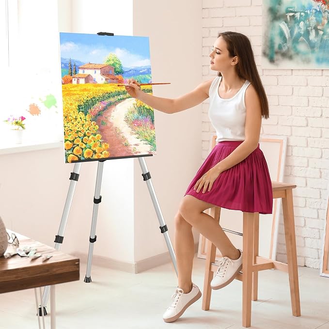 Art Painting Easel Stands, Adjustable Display Tripod Artist Sign Easels | Portable 66 inches Aluminum Metal Silver Floor Stands with 2 Bags for Table-top/Floor Drawing, Sturdy for Canvases Displaying