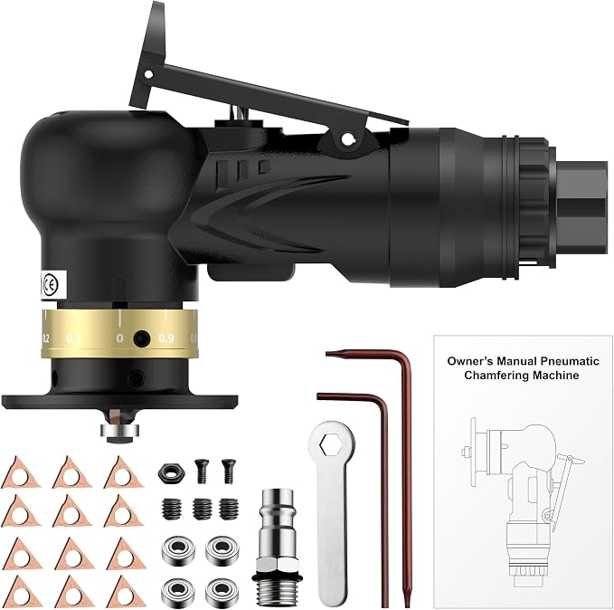 AMTOVL Pneumatic Chamfering Tool - Mini Air Chamfer Tool with 6 C-Angle & 6 R-Angle Blades, 45° 30000 RPM Chamfering Tool for Metal and Wood with 1/4" Air Inlet