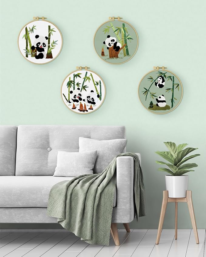 ERKOON 4 Sets Embroidery Kit for Beginners, Animal Cross Stitch Set for Adult Include Embroidery Cloth Hoops Threads for Craft Lover Hand Stitch (Panda)
