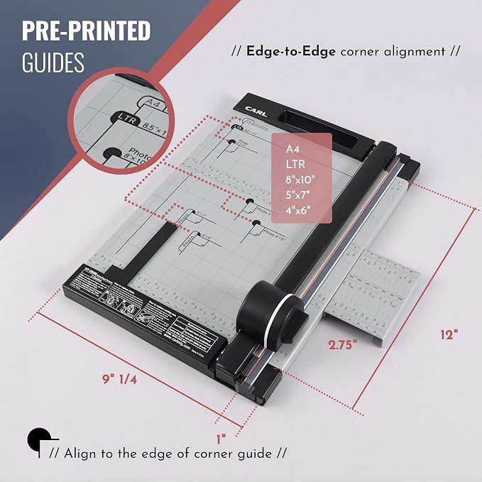 CARL Professional Rotary Paper Cutter with Clear Window – 12" Trimmer with Metal Base, Magnetic Guide, Calibrated Extension – Precise Paper, Label, Photo & Craft Cutting Tool