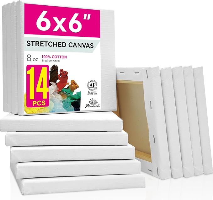 PHOENIX Small Stretched Canvas for Painting 6x6 Inch/14 Bulk Pack, 8 Oz Triple Primed 5/8 Inch Profile 100% Cotton White Blank Canvas, Square Framed Canvas for Oil Acrylic & Pouring Art