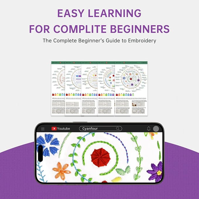 CYANFOUR 5 Stage Starter Embroidery Kit Easy to Learn from Video & Guidance | Easy to Learn 33 Different Stitches, Includes Multiple Accessories, Gift for Craft Lovers