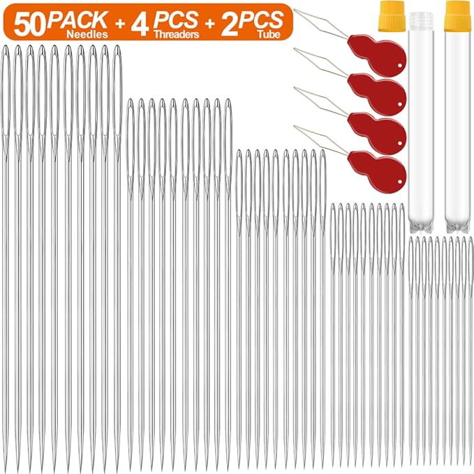 50 Pack Premium Large Eye Needles for Hand Sewing with Needle Threaders, Assorted Sizes, Embroidery Needles for Hand Sewing, Sewing Needles Large Eye, Big Eye Needle