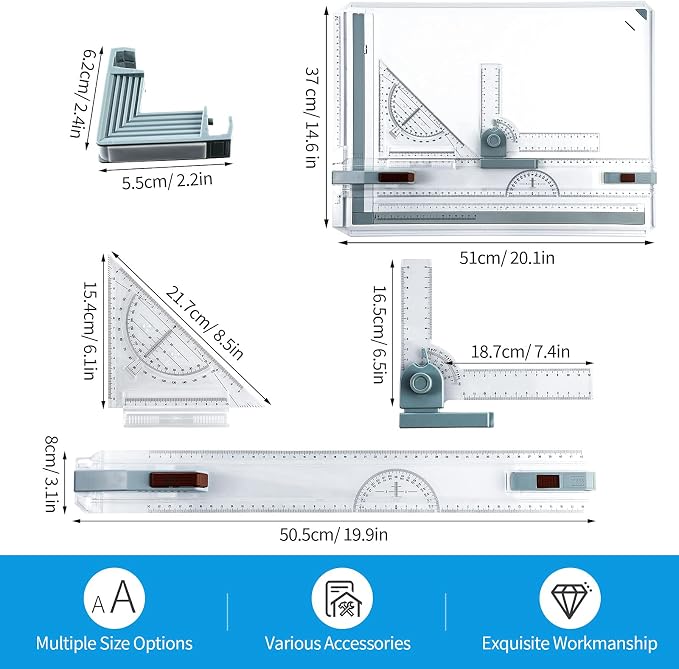 Zonon A3 Portable Drawing Board, Multi-Function Metric Drafting Table Drafting Board with Clear Rule Parallel Motion and Angle Adjustable Measuring System(A3)