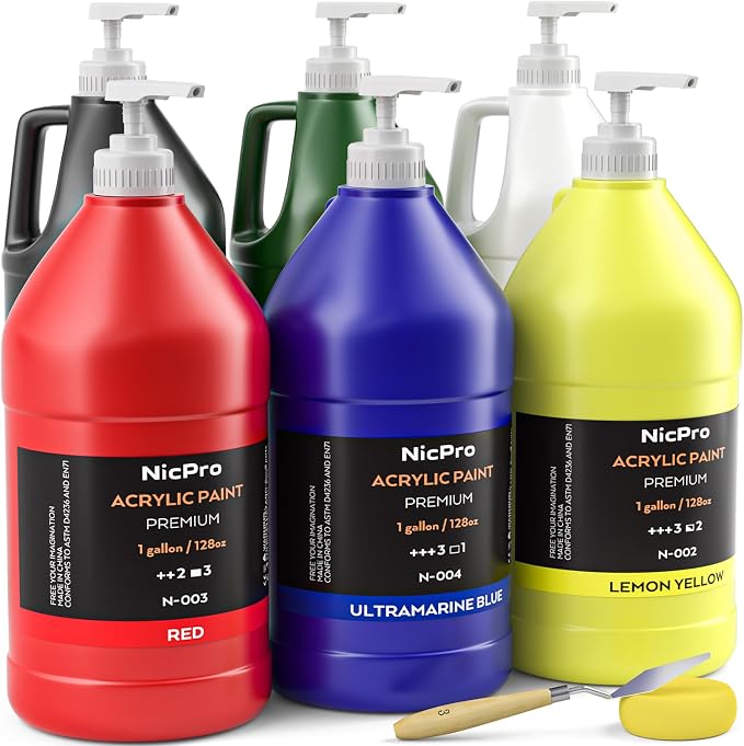 Nicpro 6 Colors Bulk Acrylic Paint Set, 128 oz/1 Gal Art Painting Supplies