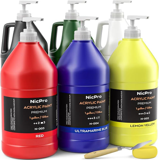 Nicpro 6 Colors Bulk Acrylic Paint Set, 128 oz/1 Gal Art Painting Supplies