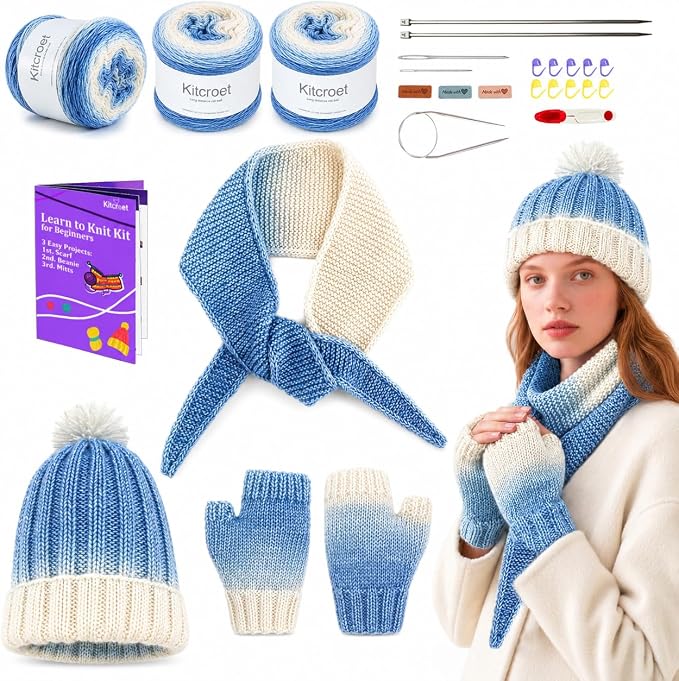 Knitting Kit for Beginners, Complete Starter Kit for Scarf, Hat, Gloves | Kitcroet Knitting Kit Video Tutorials & Written Guide; 2 Types of Needles & Knitting Accessories; 25% Extra Yarn Included