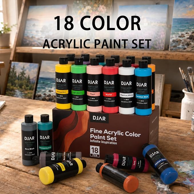 DJAR 18 Colors Acrylic Paint Set for Artists Beginners, 2 fl oz/250ml | Rich Pigments Colors Painting Supplies, Waterproof & Fast Dry, Works on Canvas, Rocks, Wood, Ceramic & Fabric, Safe Non-Toxic