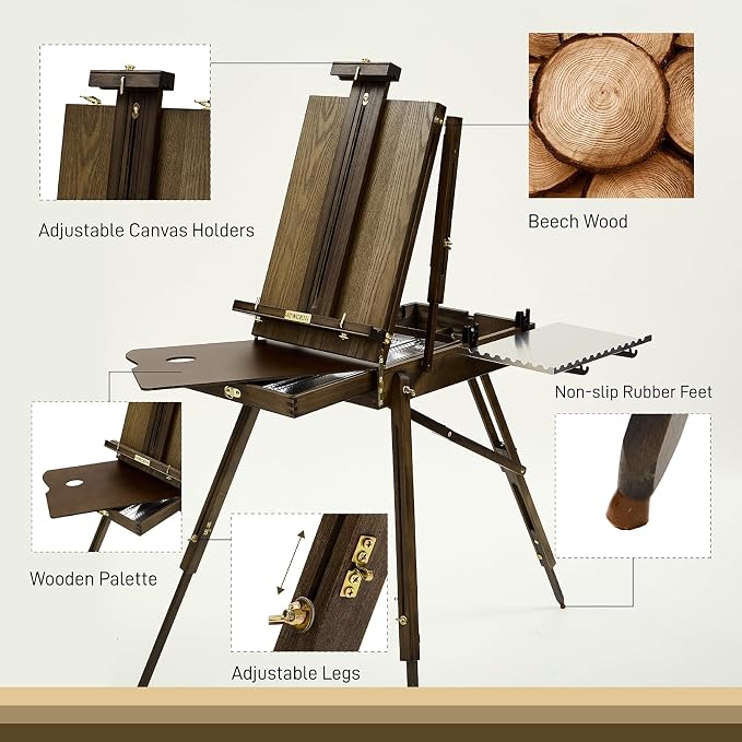 French Easel for Painting: Deluxe Beech Wood Plein Air Easel Stand with Metal Side Tray - Portable Sketchbox for Outdoor Field & Studio - Holds Canvas up to 34"- Gray Walnut