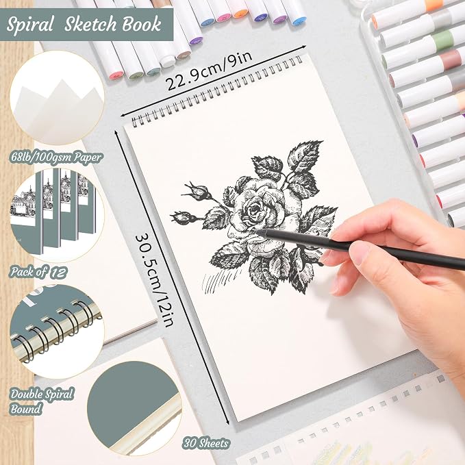 12 Pack Sketch Books 9 × 12 in, Top Spiral, 30 Sheets, Acid Free Paper | 100gsm Paper, Hardcover with Rigid Backboard, Lay-Flat Top Spiral, for Pencil, Charcoal, Ink & Sketching