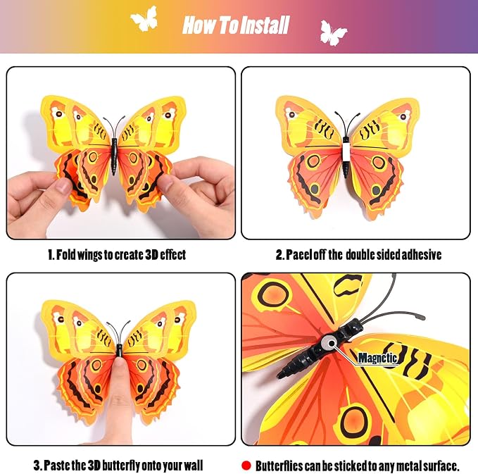 SAOROPEB 3D Butterfly Wall Decor, 48 Pcs Yellow Butterfly Decorations