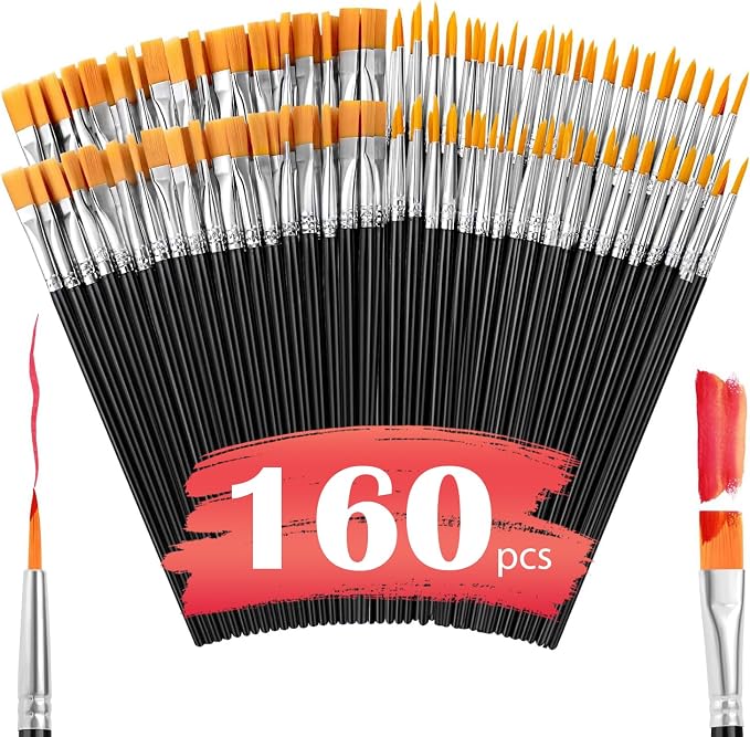AROIC Small Paint Brushes Bulk,160 Pcs Black Nylon Hair Paint Brushes | Kids Flat Tip Round Acrylic Paint Brush Set,Acrylic Paint Brush kits for Classroom Oil Watercolor Face Painting Touch Up