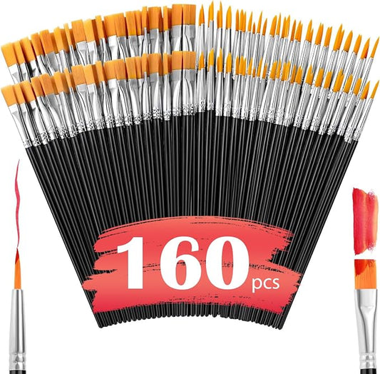 AROIC Small Paint Brushes Bulk,160 Pcs Black Nylon Hair Paint Brushes | Kids Flat Tip Round Acrylic Paint Brush Set,Acrylic Paint Brush kits for Classroom Oil Watercolor Face Painting Touch Up
