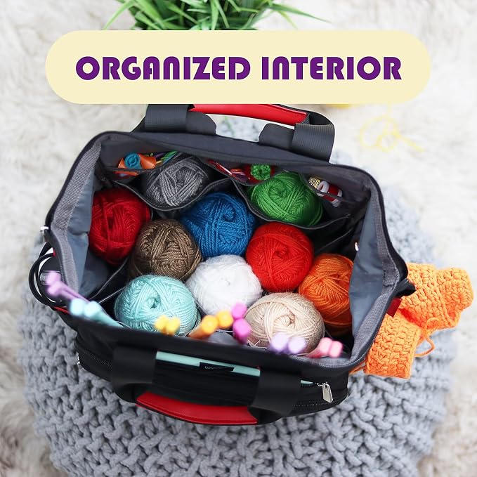Hearth & Harbor Crochet Backpack, Crochet Bag Organizer, Canvas Knitting Bag, Yarn Organizer for Crochet Accessories and Supplies, Travel Yarn Bag with USB Charging Port, Yarn Storage Organizer