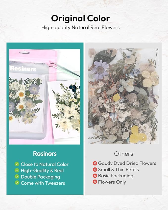 Dried Flowers, Resiners 100Pcs Pressed Flowers for Craft | White Real Natural Dried Flowers Dry Leaves Kit for DIY Making Craft Resin Soap Candle Scrapbook Supplies Card Making Jewelry