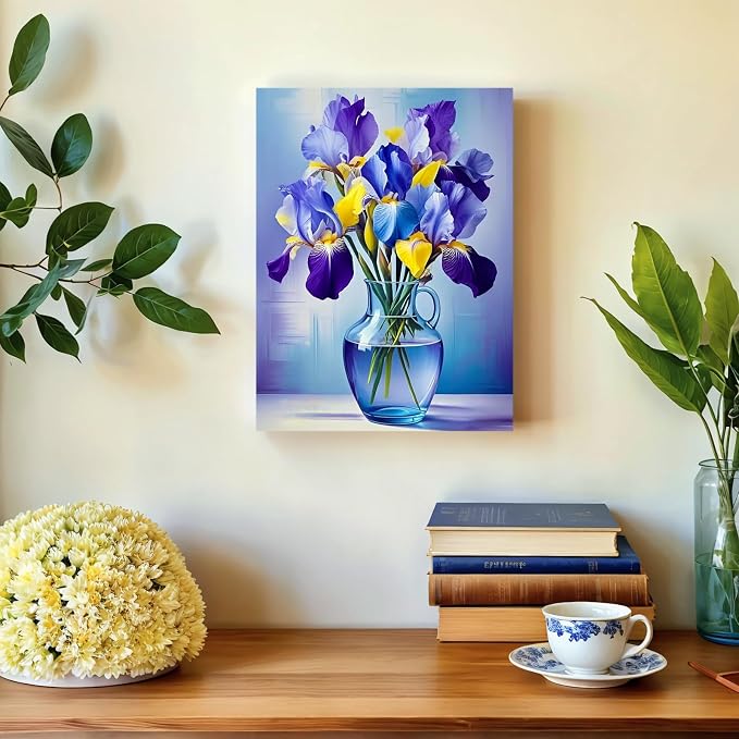PINFFSHU Flowers Diamond Art Kits for Adults, Stunning Iris Bouquet in Glass Vase Diamond Painting Kits with Full Drill,5D Diamond Painting DIY Gem Art and Crafts for Home Wall Decor Gifts12x16 inch