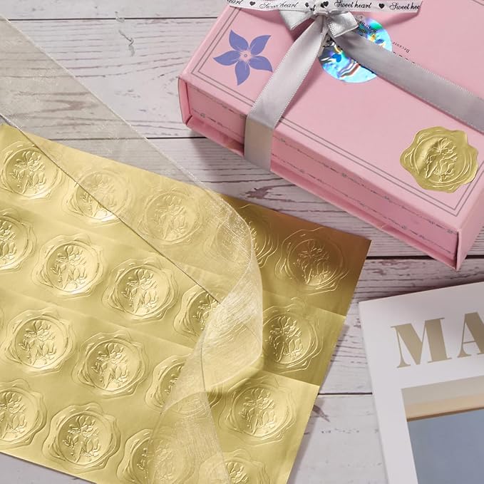 300 Pieces Embossed Gold Foil Stickers, Gold Magnolia