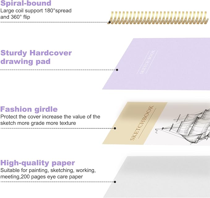 Yoment Small Sketch Book 5.5"x8.5",Mini Sketchbook,Spiral Bound,200 Sheets | Purple & Pink,2-Pack,68 lb/100gsm Hardcover Sketch Pad for Kids,Art Sketchbook Drawing Pad Book with Pencil,For Beginners