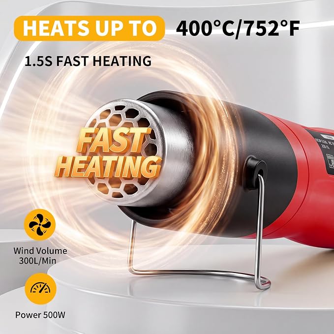 Heat Gun 500W, Handed Hot Air Gun with Nozzle for Crafting and DIY (Red)