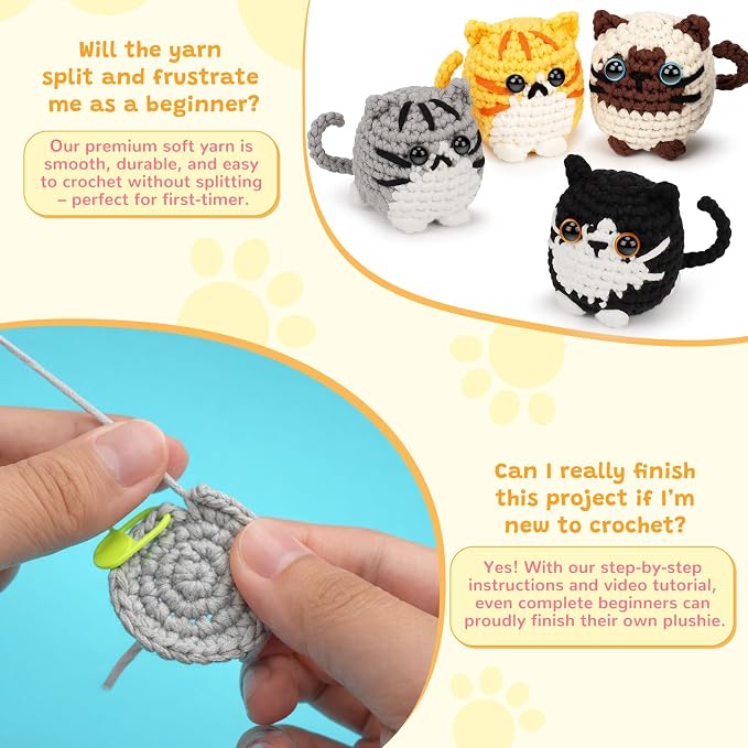 Crochet Kit for Beginners, Cat Crochet Kit for Adults Beginner | Complete DIY Crochet Starter Kit with Step-by-Step Video Tutorials, Easy Knitting Kit Cat Crochet Gifts