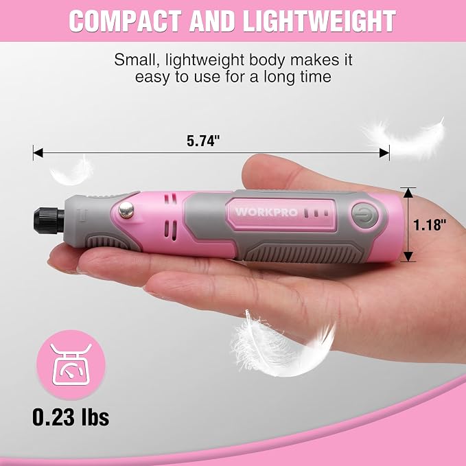 WORKPRO Cordless Rotary Tool Kit, 71PCS Accessories Rechargeable, Pink | Lightweight Handling, Comfortable Rubber Grip, Engraving, Sanding, Polishing, Carving, Cutting, DIY Crafts