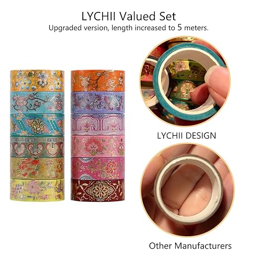 Lychii 12 Rolls Washi Tape Set, 5M/16.4Ft Long Vintage Masking Tape, 15mm